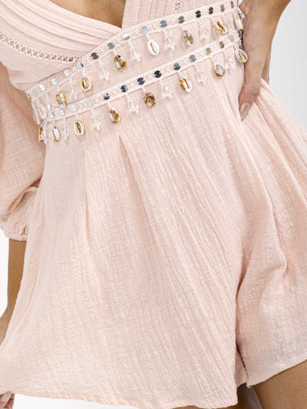 WOMEN'S 3/4 SLEEVE V-NECK WAIST DETAILED OPEN BACK ROMPER