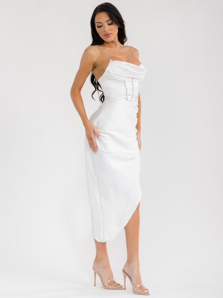 WOMEN'S SLEEVELESS HIGH-LOW SIDE SLIT STUDS DETAILED BODYCON MIDI DRESS