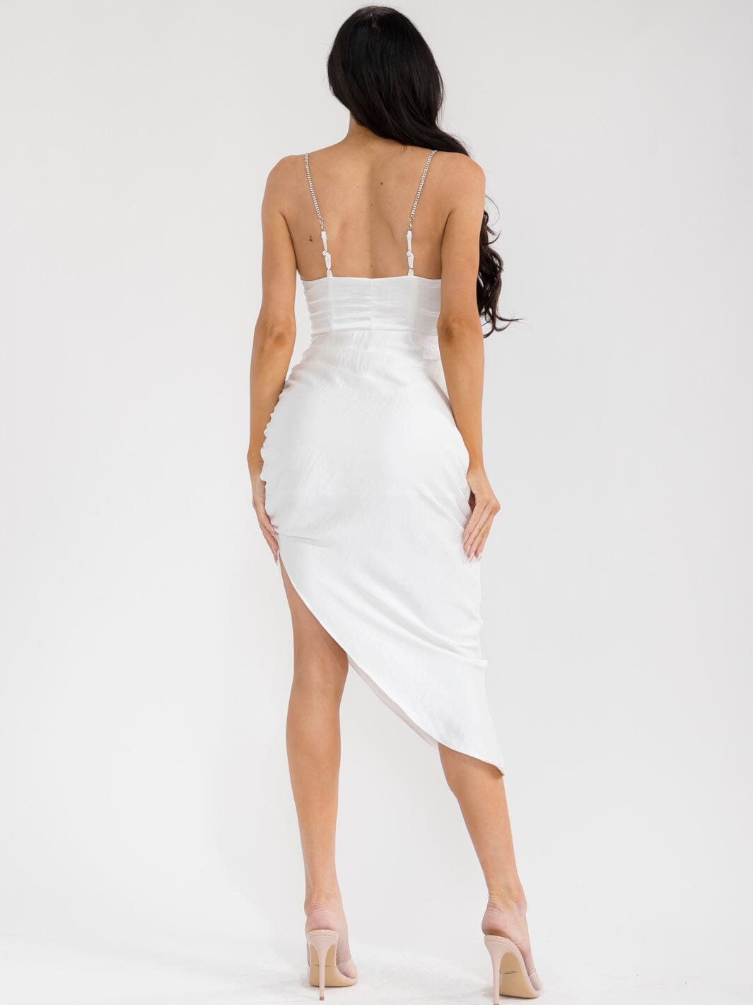 WOMEN'S SLEEVELESS HIGH-LOW SIDE SLIT STUDS DETAILED BODYCON MIDI DRESS