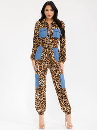 WOMEN'S LONG SLEEVE ZIP UP POCKETS ELASTIC WAIST ANIMAL PRINT JOGGER LEG JUMPSUIT