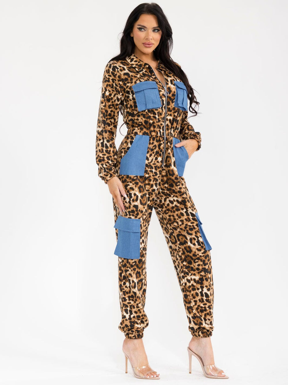 WOMEN'S LONG SLEEVE ZIP UP POCKETS ELASTIC WAIST ANIMAL PRINT JOGGER LEG JUMPSUIT