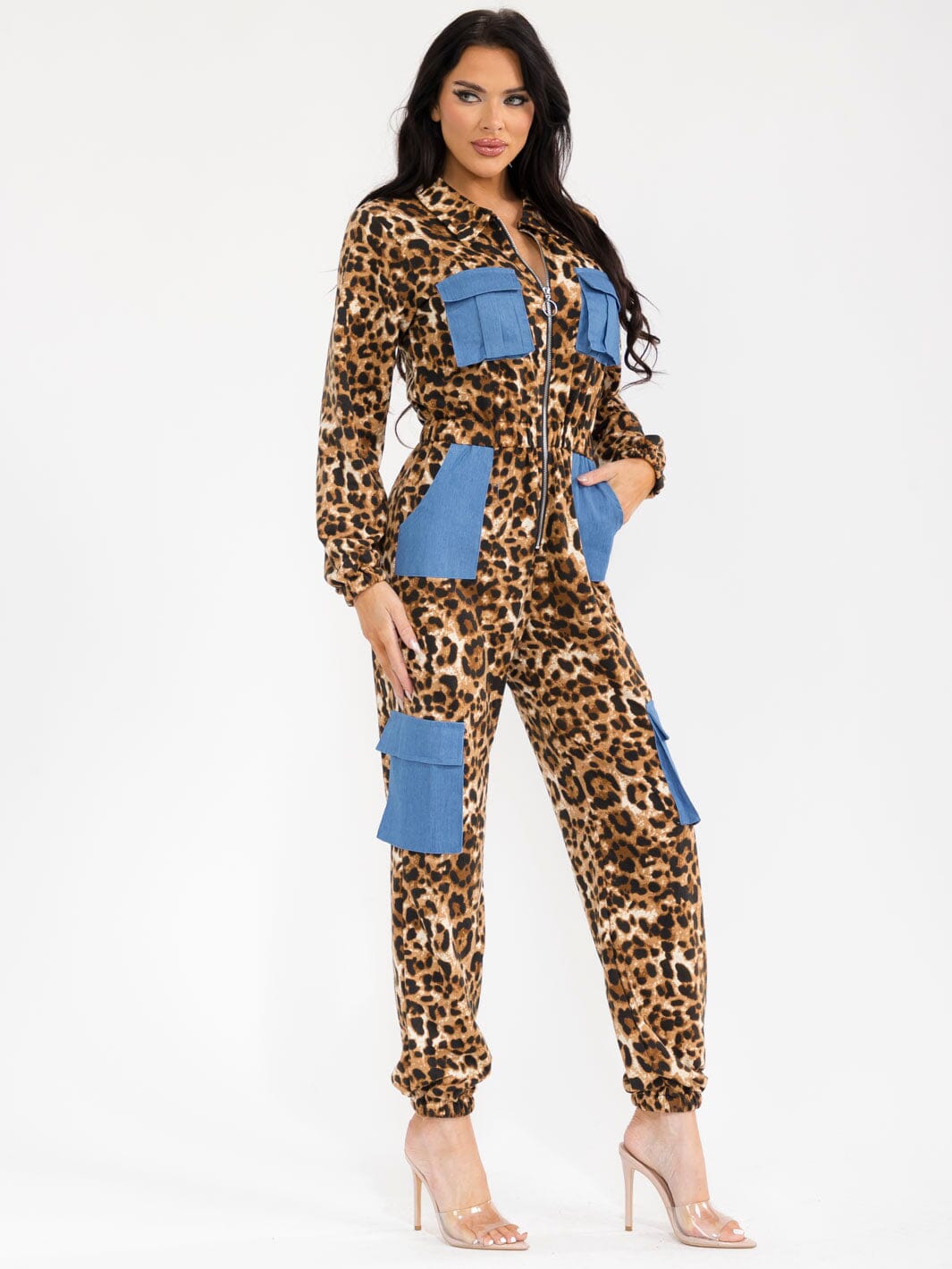 WOMEN'S LONG SLEEVE ZIP UP POCKETS ELASTIC WAIST ANIMAL PRINT JOGGER LEG JUMPSUIT