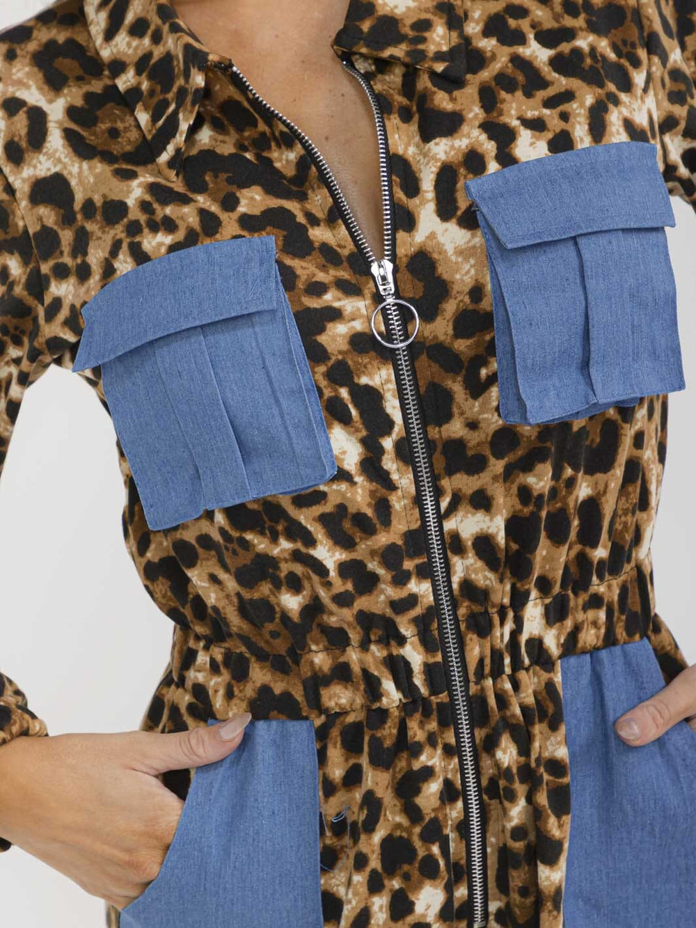 WOMEN'S LONG SLEEVE ZIP UP POCKETS ELASTIC WAIST ANIMAL PRINT JOGGER LEG JUMPSUIT