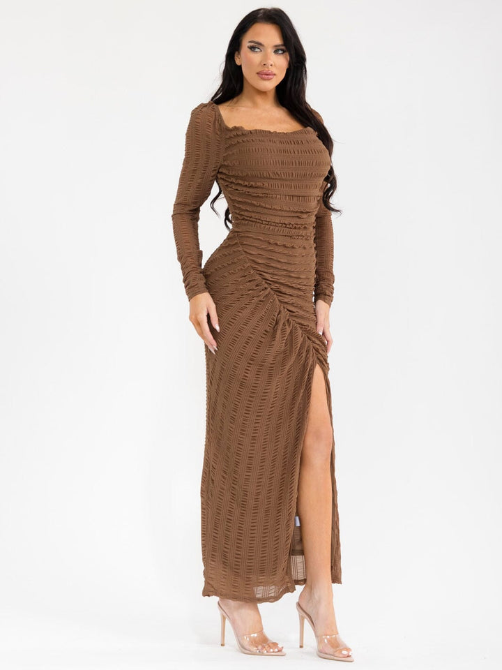 WOMEN'S LONG SLEEVE FRONT SLIT RUCHED BODYCON MAXI DRESS