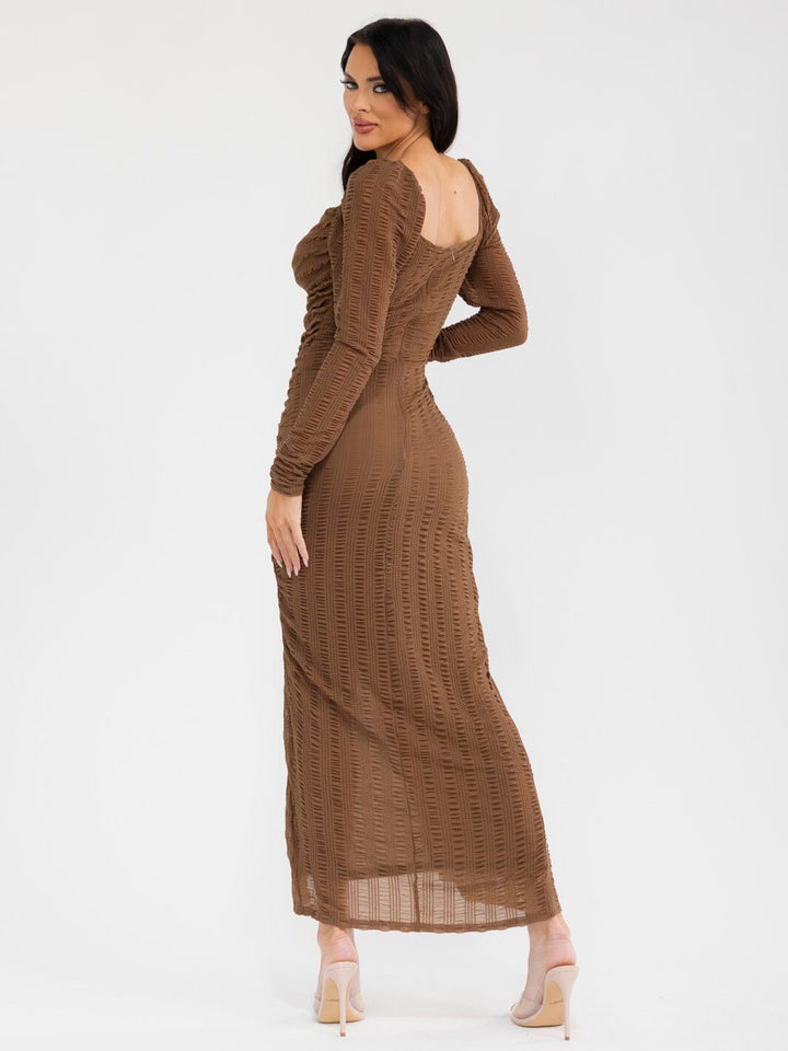 WOMEN'S LONG SLEEVE FRONT SLIT RUCHED BODYCON MAXI DRESS