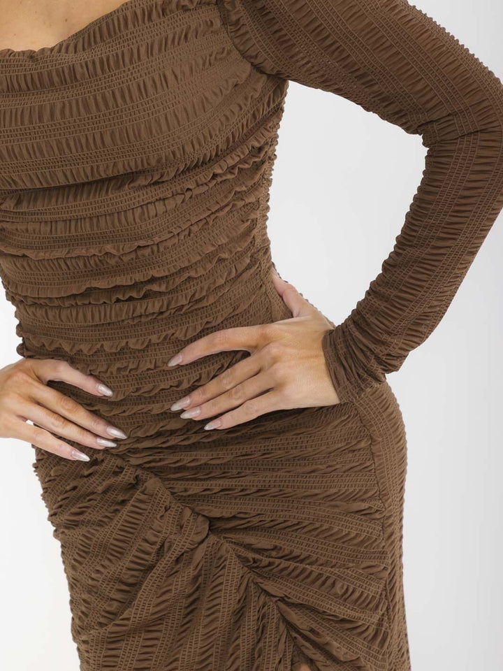 WOMEN'S LONG SLEEVE FRONT SLIT RUCHED BODYCON MAXI DRESS