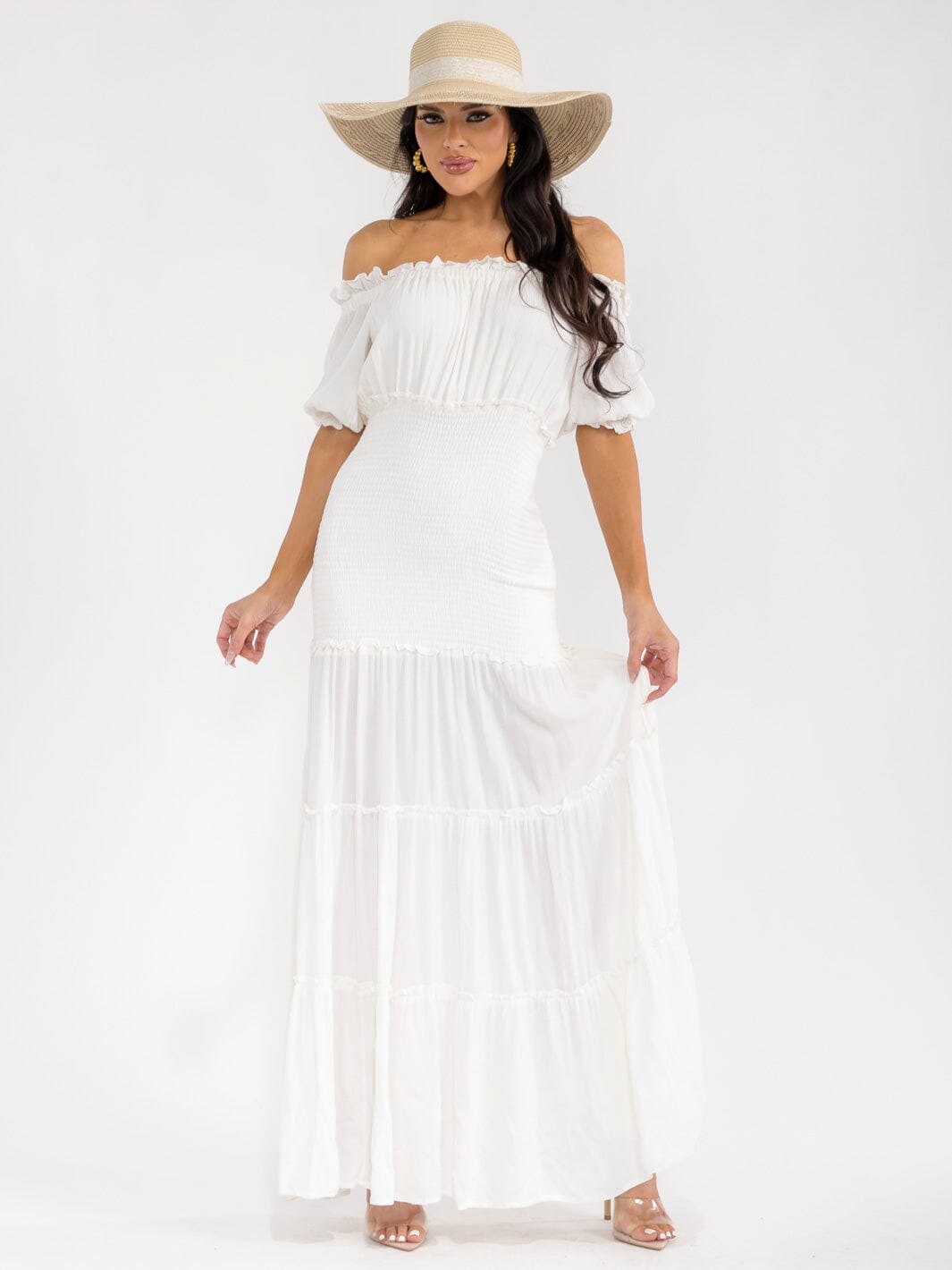 WOMEN'S OFF SHOULDER SMOCK TIERED MAXI DRESS