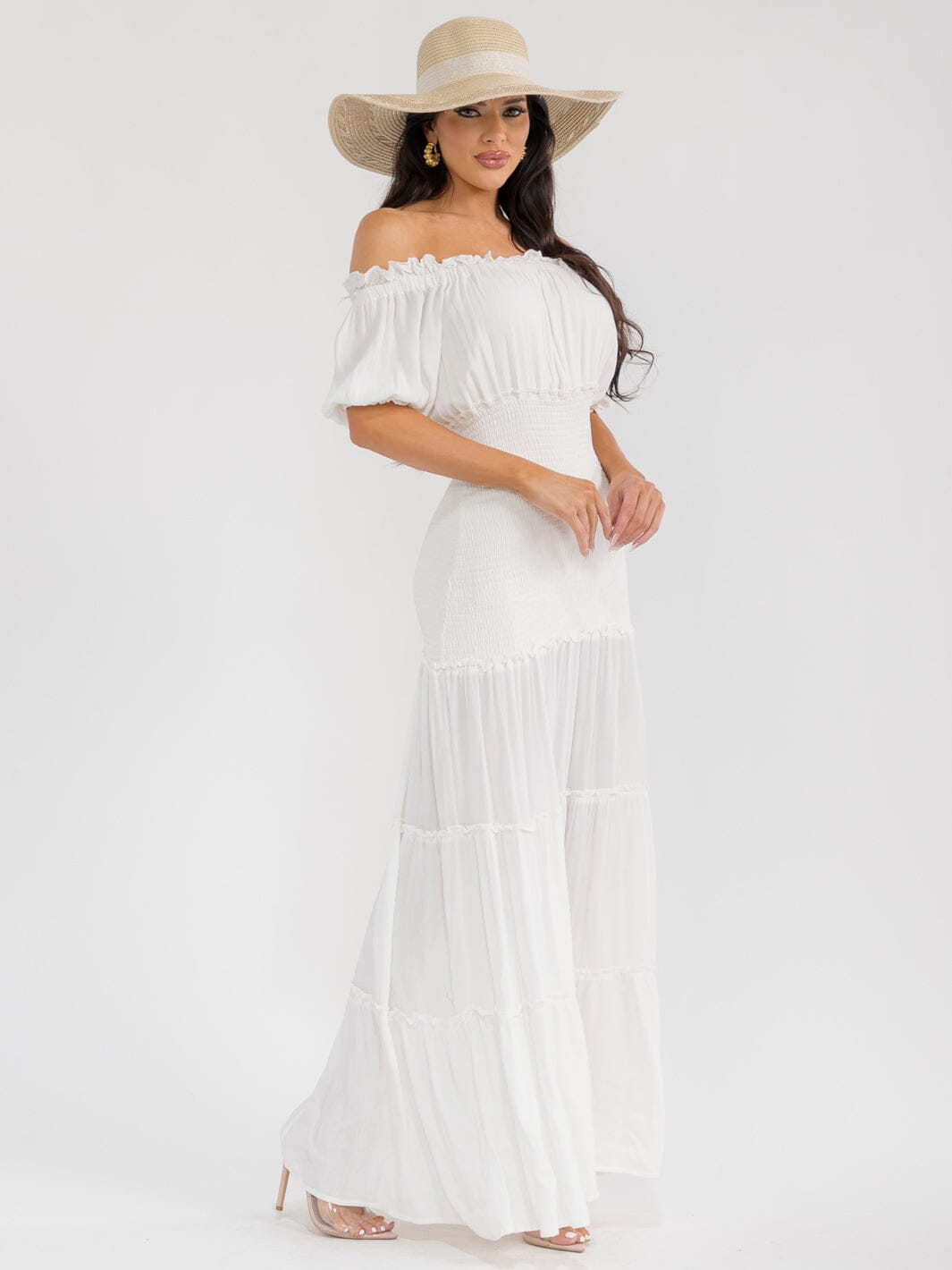 WOMEN'S OFF SHOULDER SMOCK TIERED MAXI DRESS