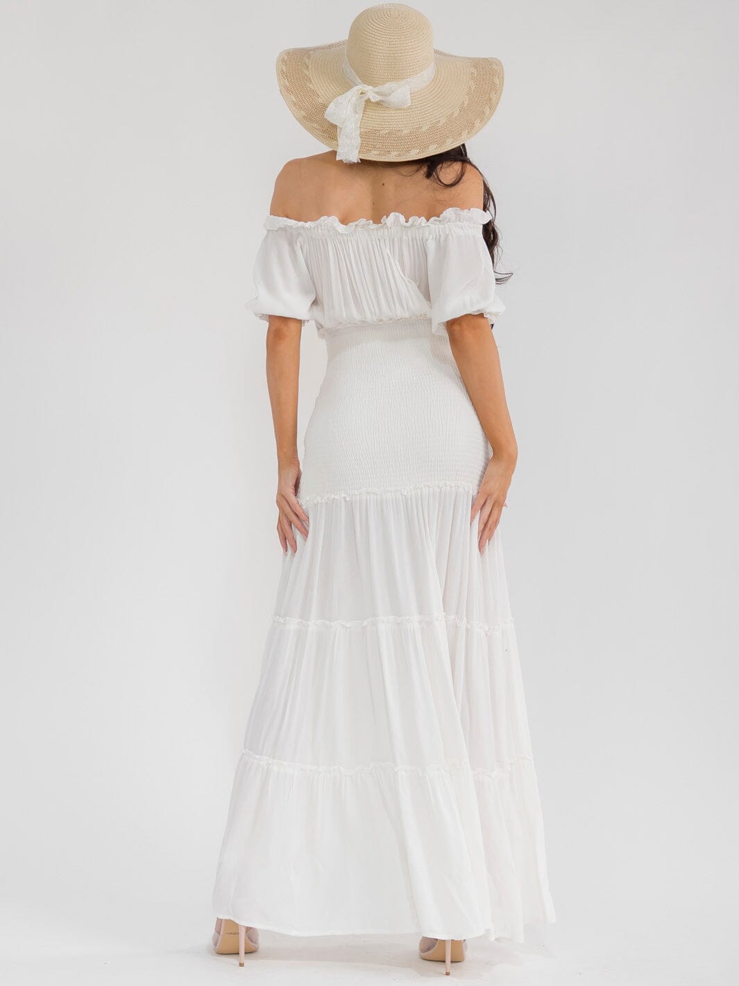 WOMEN'S OFF SHOULDER SMOCK TIERED MAXI DRESS