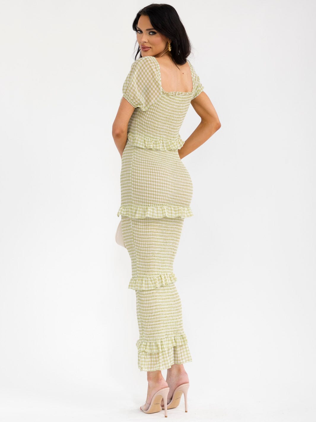 WOMEN'S SHORT SLEEVE SQUARE NECK BODYCON RUFFLE TIERED SMOCK PLAID MAXI DRESS