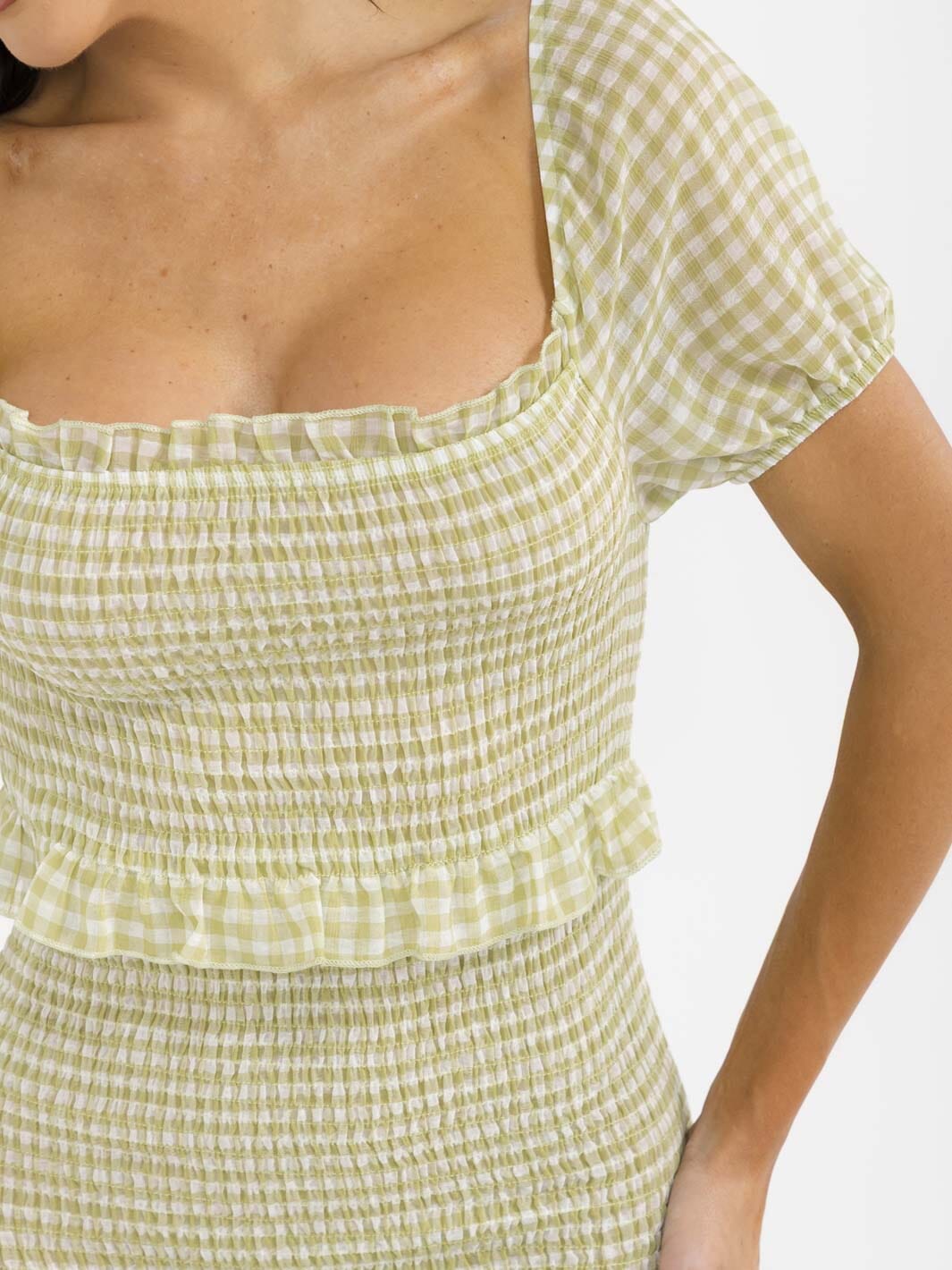 WOMEN'S SHORT SLEEVE SQUARE NECK BODYCON RUFFLE TIERED SMOCK PLAID MAXI DRESS