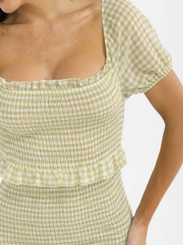 WOMEN'S SHORT SLEEVE SQUARE NECK BODYCON RUFFLE TIERED SMOCK PLAID MAXI DRESS