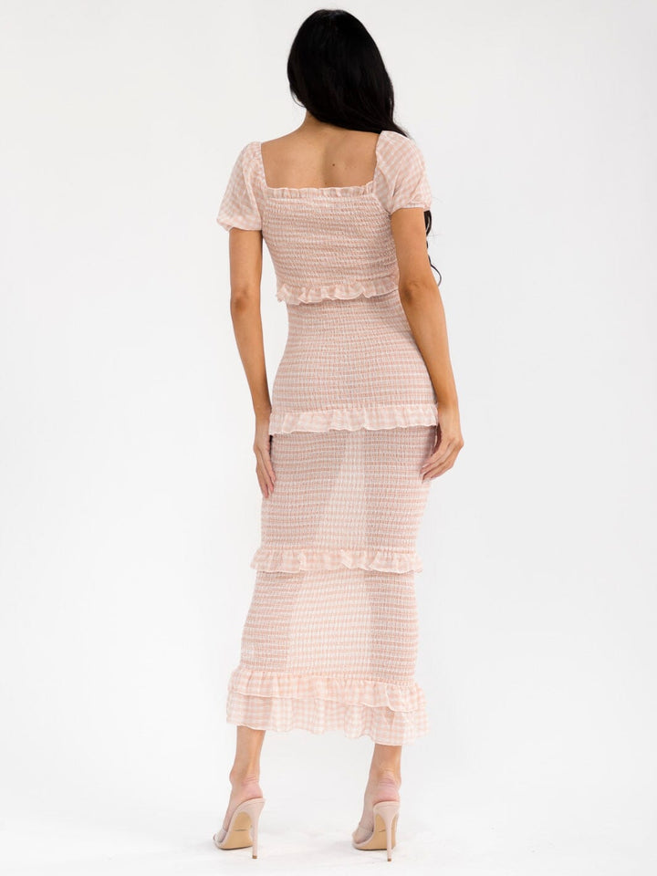 WOMEN'S SHORT SLEEVE SQUARE NECK BODYCON RUFFLE TIERED SMOCK PLAID MAXI DRESS