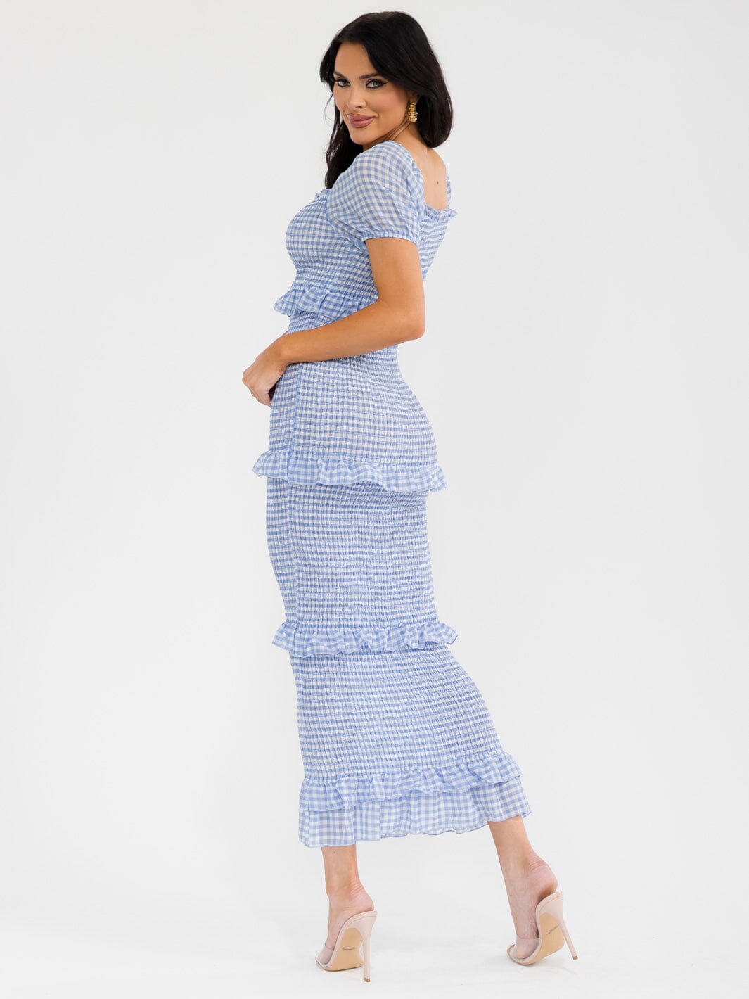 WOMEN'S SHORT SLEEVE SQUARE NECK BODYCON RUFFLE TIERED SMOCK PLAID MAXI DRESS