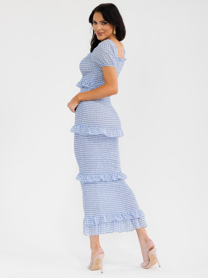 WOMEN'S SHORT SLEEVE SQUARE NECK BODYCON RUFFLE TIERED SMOCK PLAID MAXI DRESS