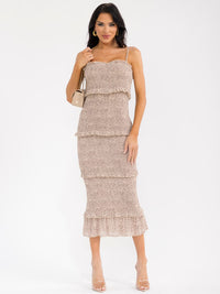 WOMEN'S SLEEVELESS ANIMAL PRINT BODYCON RUFFLE TIERED SMOCK MAXI DRESS