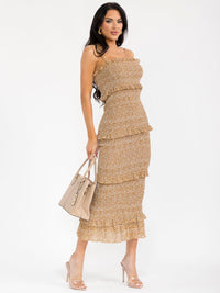 WOMEN'S SLEEVELESS FLORAL PRINT BODYCON RUFFLE TIERED SMOCK MAXI DRESS