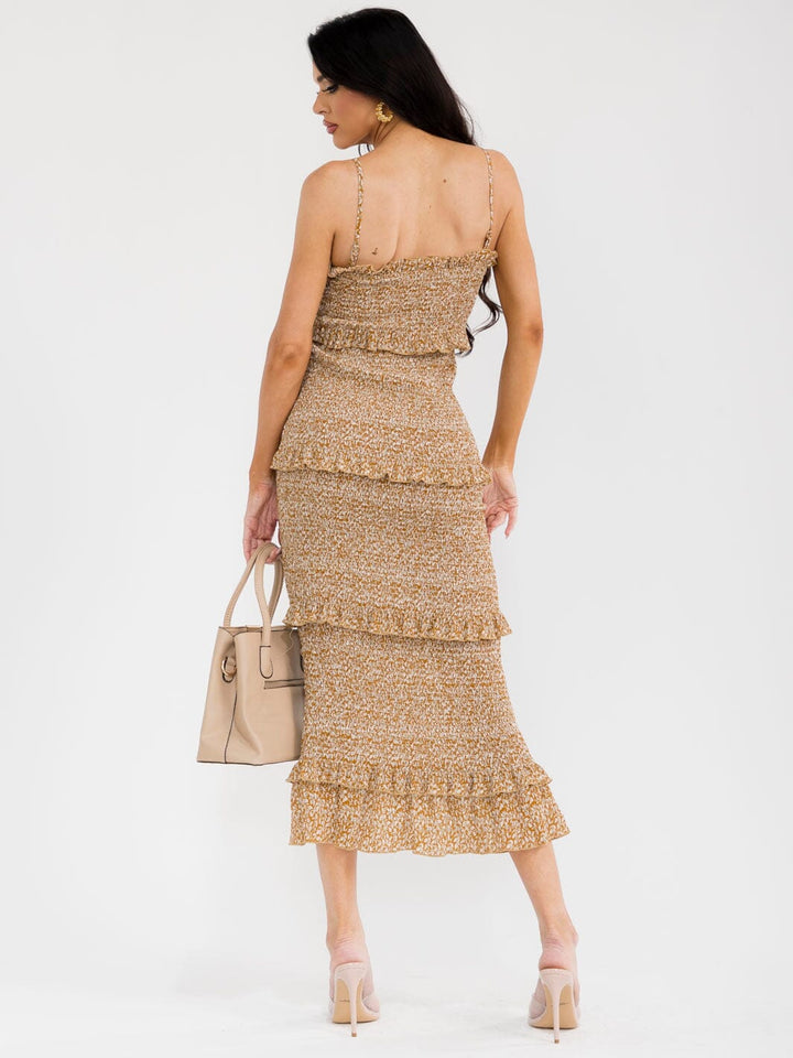 WOMEN'S SLEEVELESS FLORAL PRINT BODYCON RUFFLE TIERED SMOCK MAXI DRESS