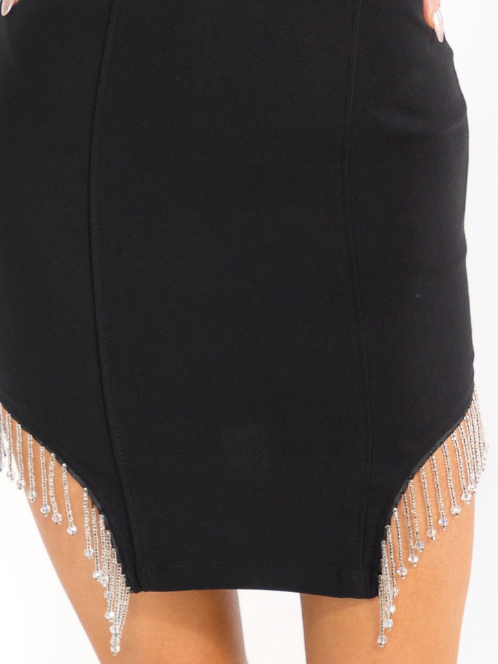 WOMEN'S SLEEVELESS V-NECK SIDE SLIT STUDS FRINGE BODYCON MINI DRESS