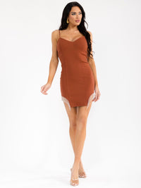 WOMEN'S SLEEVELESS V-NECK SIDE SLIT STUDS FRINGE BODYCON MINI DRESS