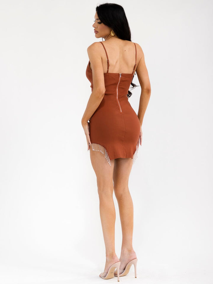 WOMEN'S SLEEVELESS V-NECK SIDE SLIT STUDS FRINGE BODYCON MINI DRESS