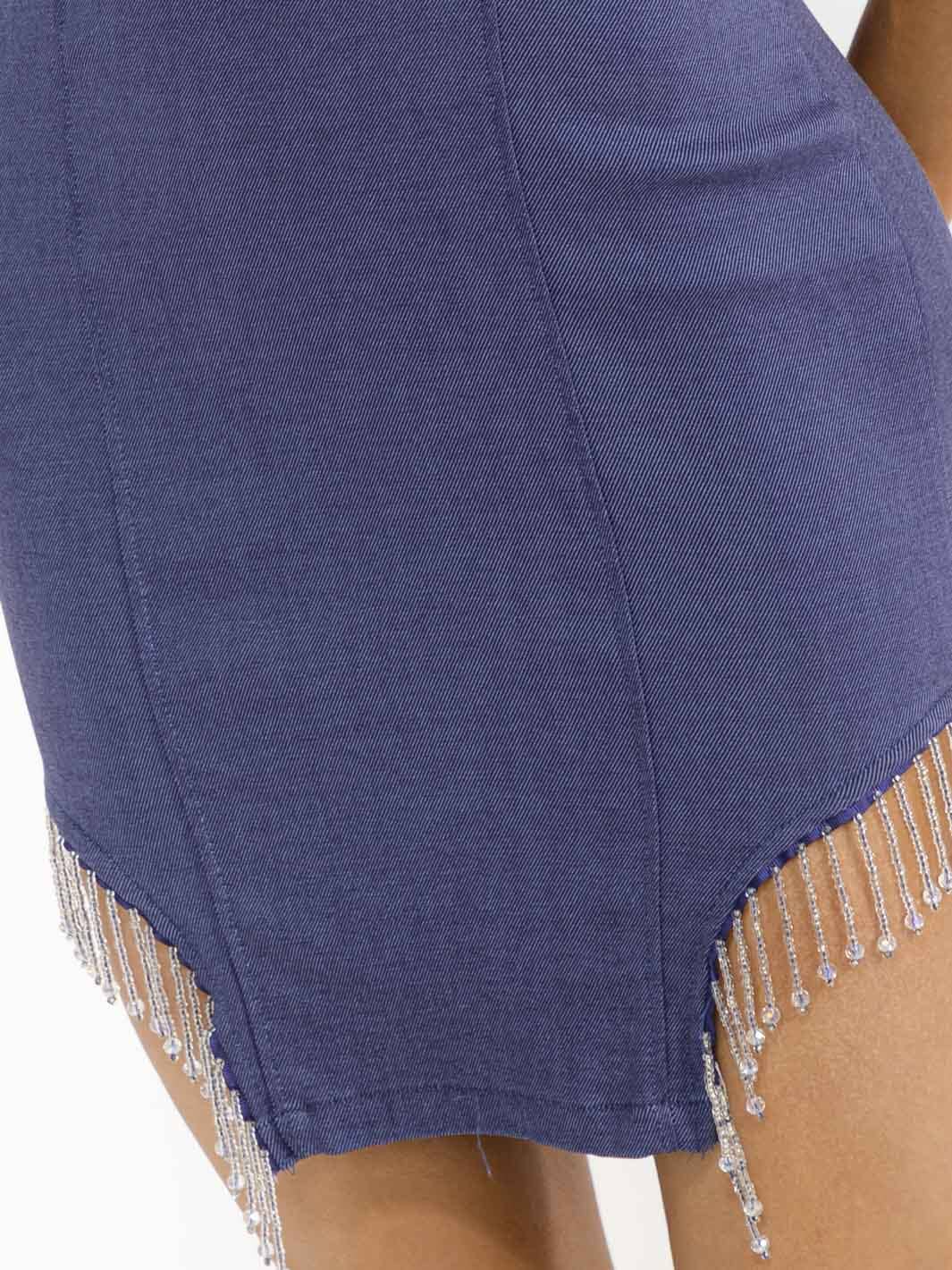 WOMEN'S SLEEVELESS V-NECK SIDE SLIT STUDS FRINGE BODYCON MINI DRESS