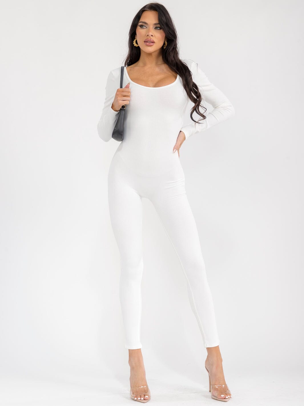WOMEN'S LONG SLEEVE OPEN BACK SKINNY LEG RIBBED JUMPSUIT