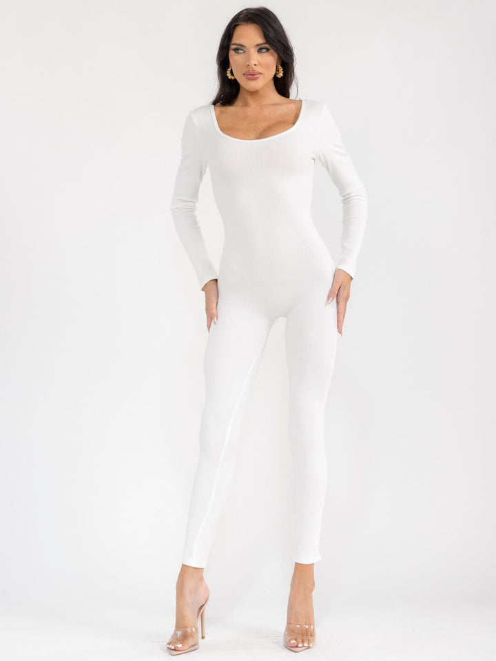WOMEN'S LONG SLEEVE OPEN BACK SKINNY LEG RIBBED JUMPSUIT