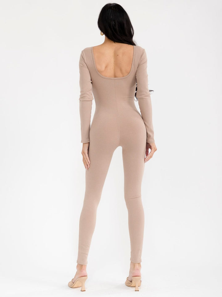WOMEN'S LONG SLEEVE OPEN BACK SKINNY LEG RIBBED JUMPSUIT