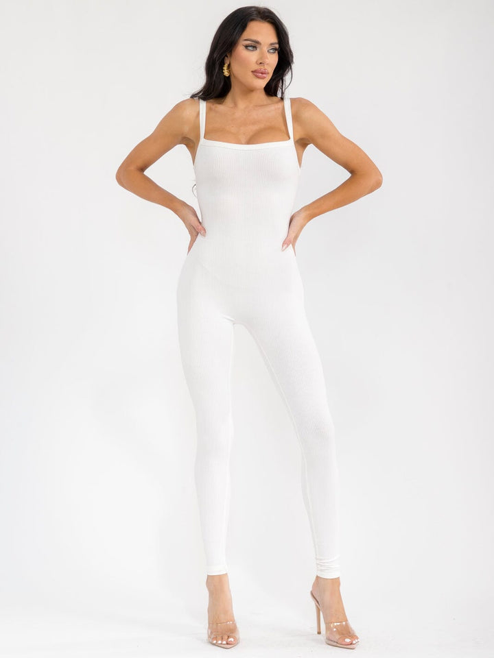 WOMEN'S SLEEVELESS OPEN BACK SKINNY LEG RIBBED JUMPSUIT