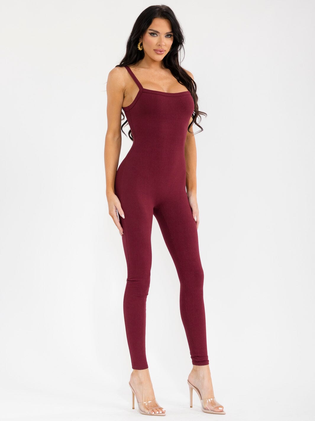 WOMEN'S SLEEVELESS OPEN BACK SKINNY LEG RIBBED JUMPSUIT