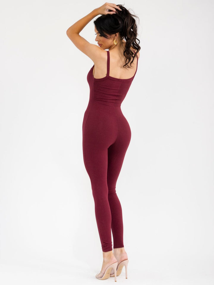WOMEN'S SLEEVELESS OPEN BACK SKINNY LEG RIBBED JUMPSUIT