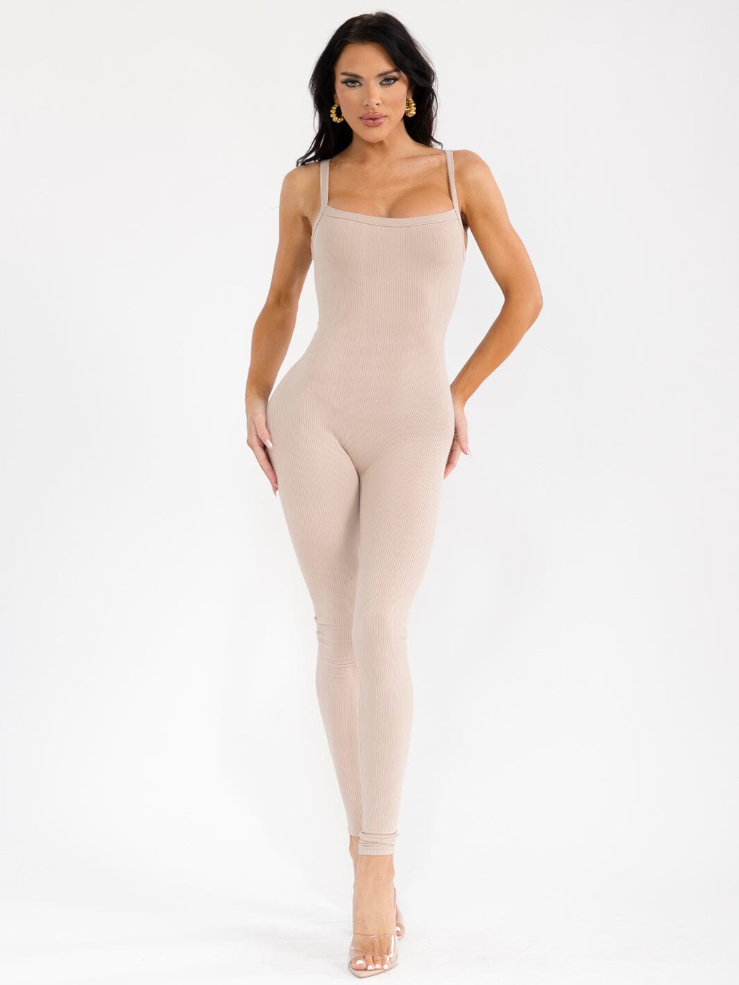 WOMEN'S SLEEVELESS OPEN BACK SKINNY LEG RIBBED JUMPSUIT