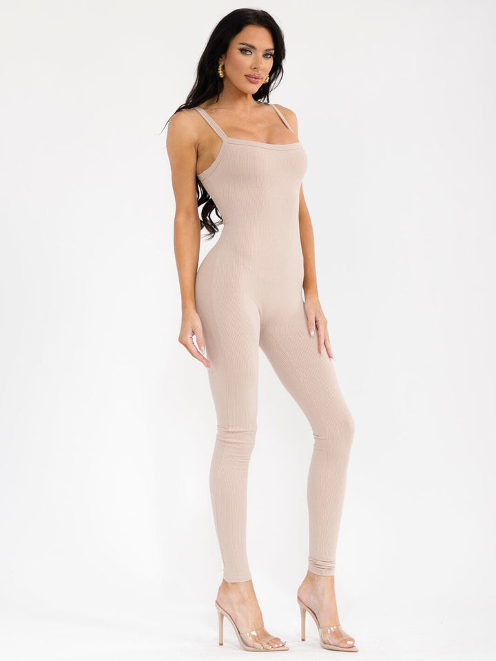 WOMEN'S SLEEVELESS OPEN BACK SKINNY LEG RIBBED JUMPSUIT