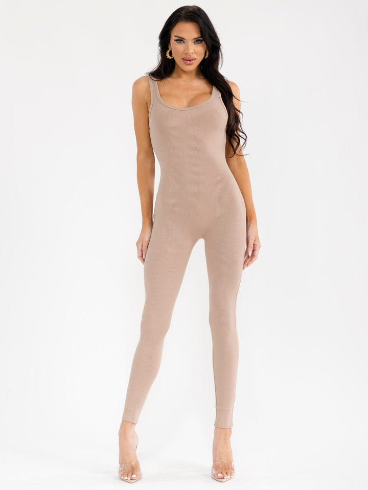 WOMEN'S SLEEVELESS OPEN BACK SKINNY LEG RIBBED JUMPSUIT