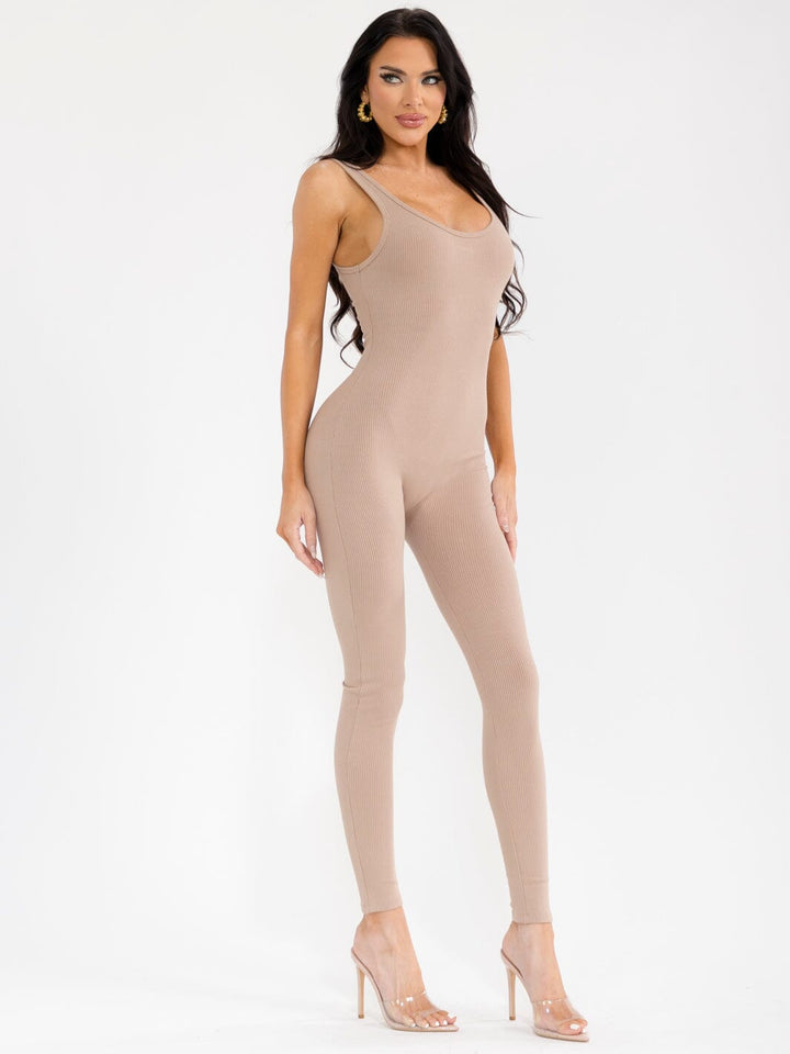 WOMEN'S SLEEVELESS OPEN BACK SKINNY LEG RIBBED JUMPSUIT