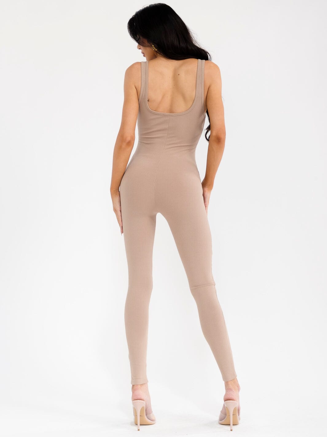 WOMEN'S SLEEVELESS OPEN BACK SKINNY LEG RIBBED JUMPSUIT