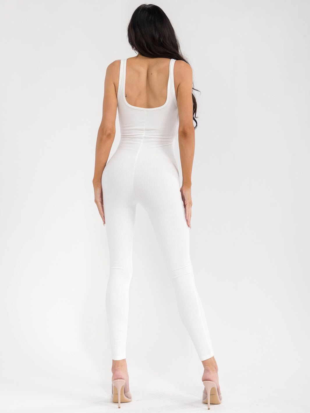 WOMEN'S SLEEVELESS OPEN BACK SKINNY LEG RIBBED JUMPSUIT