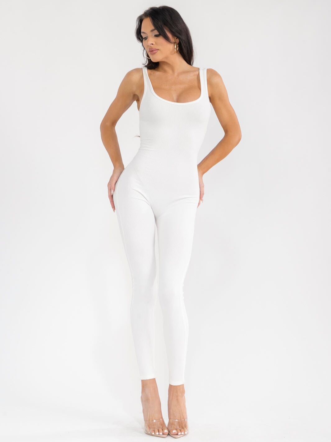 WOMEN'S SLEEVELESS OPEN BACK SKINNY LEG RIBBED JUMPSUIT