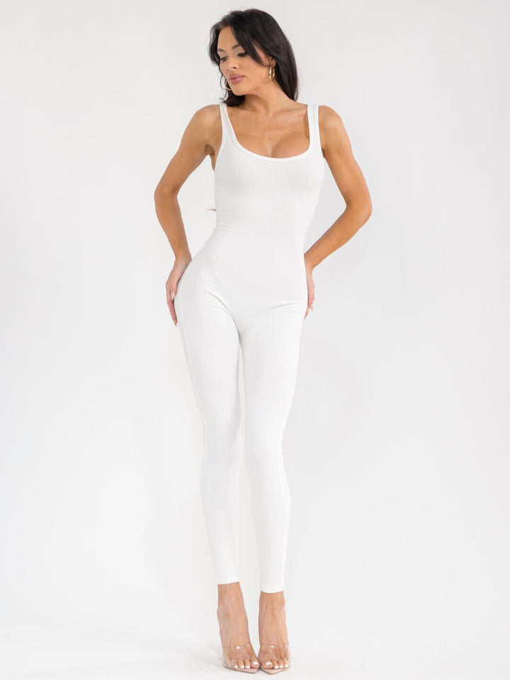 WOMEN'S SLEEVELESS OPEN BACK SKINNY LEG RIBBED JUMPSUIT