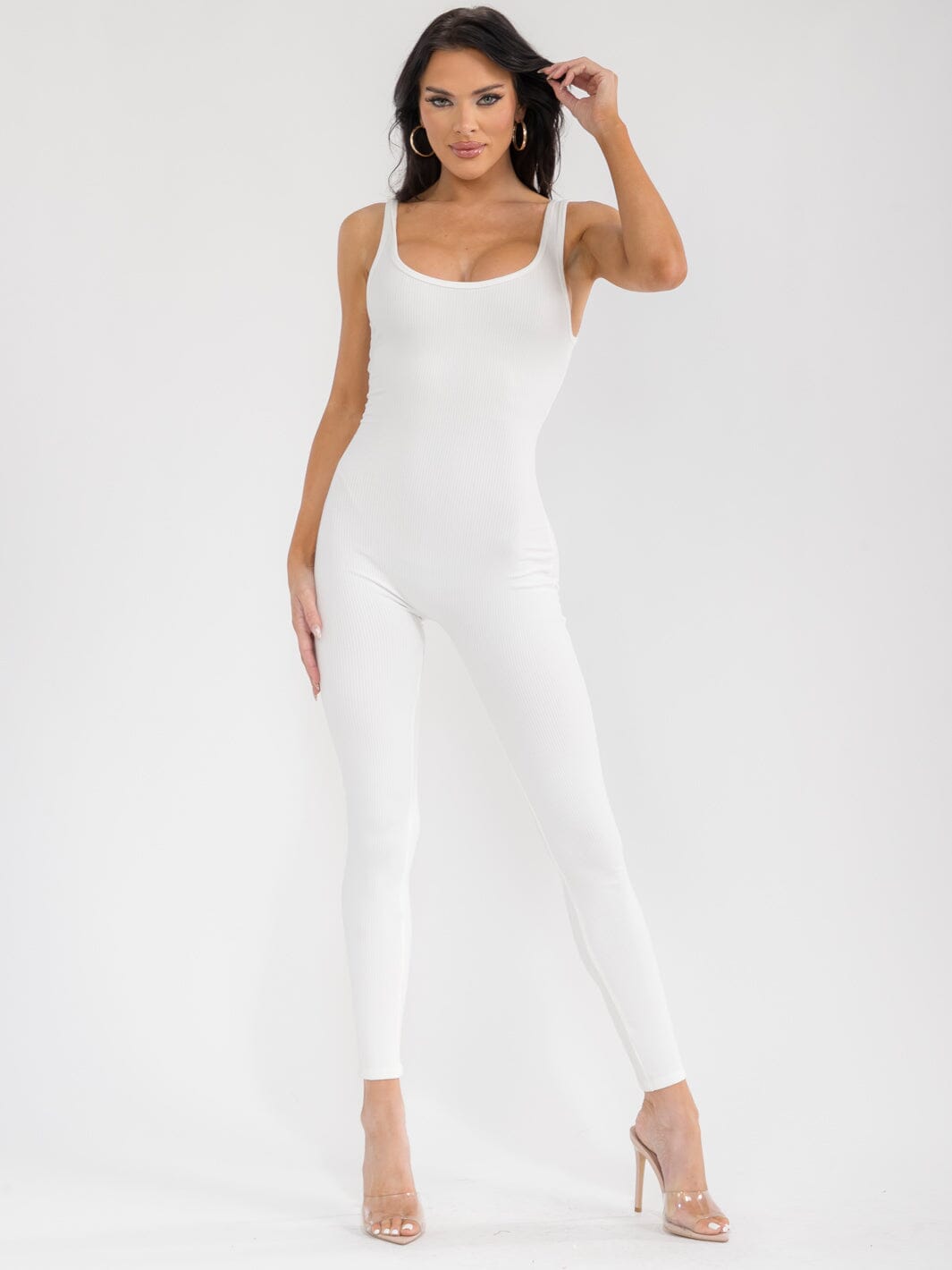 WOMEN'S SLEEVELESS OPEN BACK SKINNY LEG RIBBED JUMPSUIT