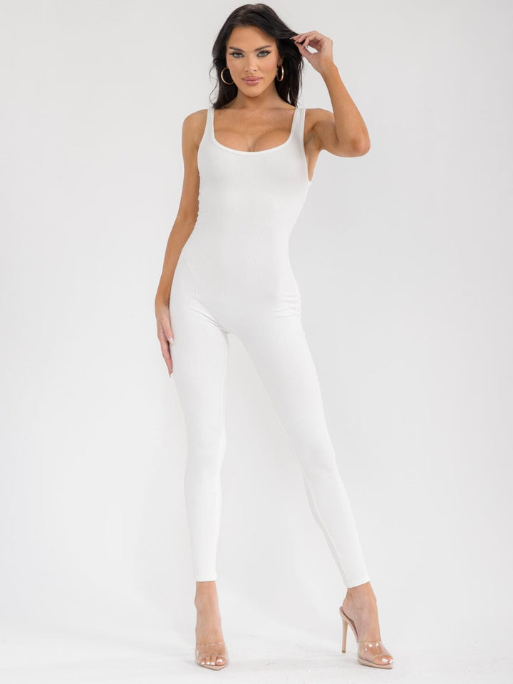 WOMEN'S SLEEVELESS OPEN BACK SKINNY LEG RIBBED JUMPSUIT