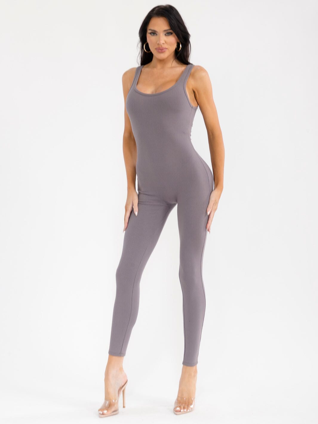 WOMEN'S SLEEVELESS OPEN BACK SKINNY LEG RIBBED JUMPSUIT