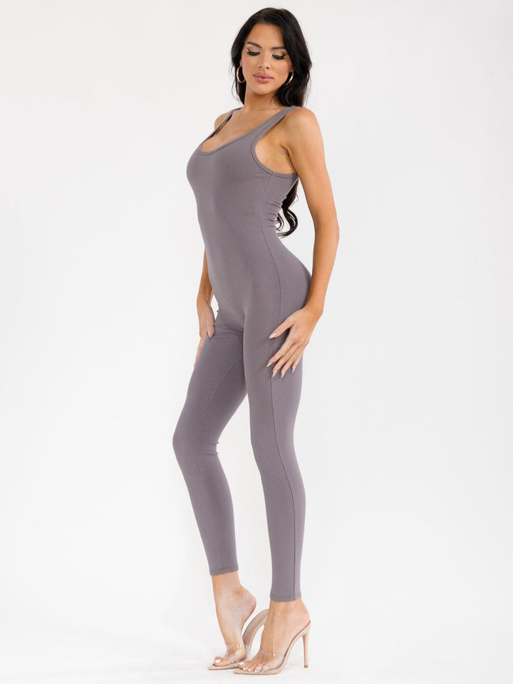 WOMEN'S SLEEVELESS OPEN BACK SKINNY LEG RIBBED JUMPSUIT