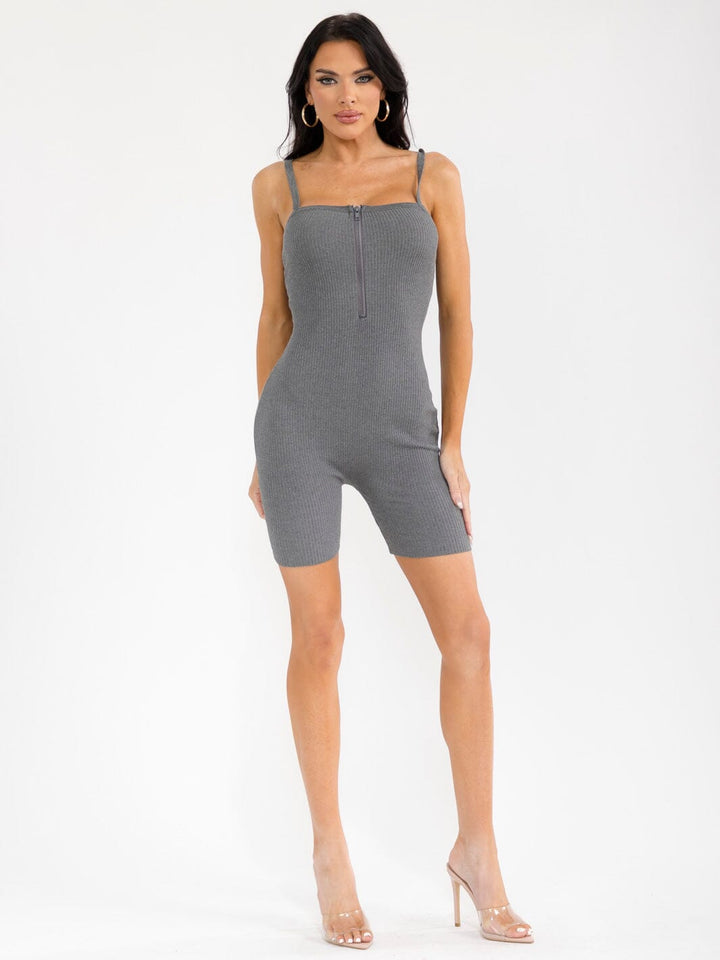 WOMEN'S SLEEVELESS SQUARE NECK ZIP UP RIBBED ROMPER