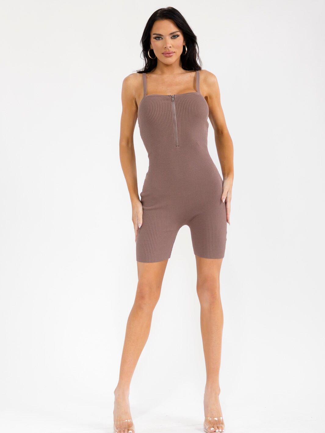WOMEN'S SLEEVELESS SQUARE NECK ZIP UP RIBBED ROMPER