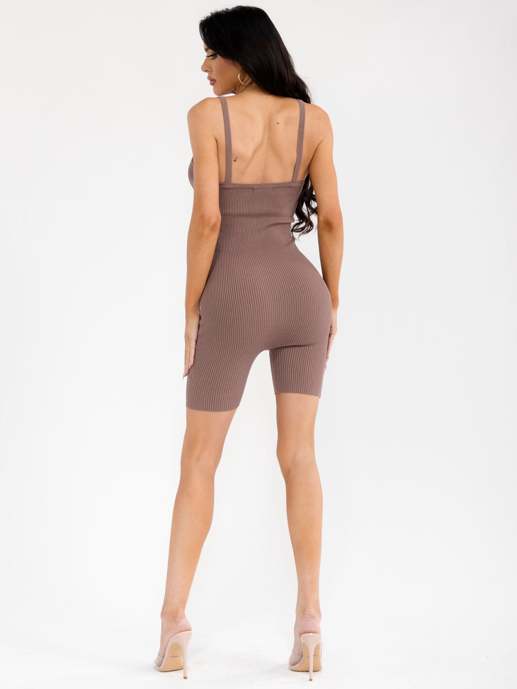 WOMEN'S SLEEVELESS SQUARE NECK ZIP UP RIBBED ROMPER