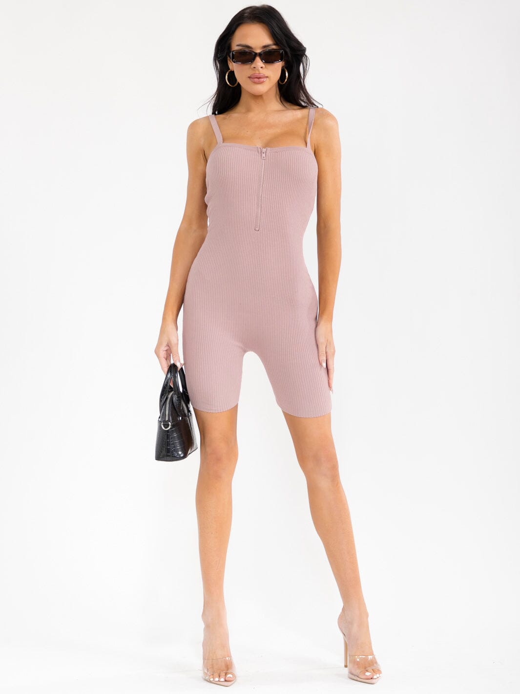 WOMEN'S SLEEVELESS SQUARE NECK ZIP UP RIBBED ROMPER