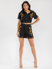 WOMEN'S SHORT SLEEVE TOP & ELASTIC WAIST SHORTS FLORAL EMBROIDERY 2PC. SET