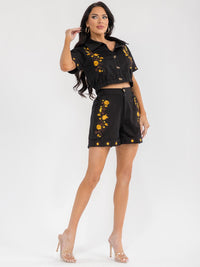 WOMEN'S SHORT SLEEVE TOP & ELASTIC WAIST SHORTS FLORAL EMBROIDERY 2PC. SET